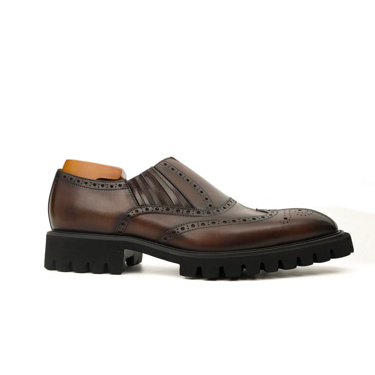 Dark Brown Wingtip Cow Leather Slip-On Shoes