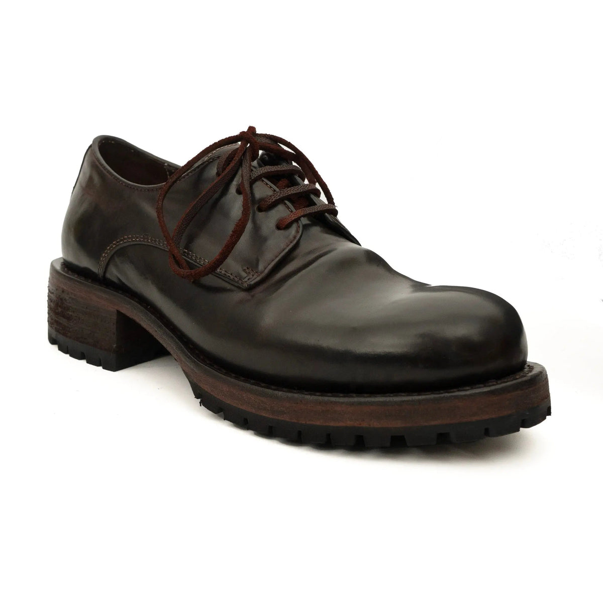 Dark Brown Plain-Toe Horse Butt Leather Derby Shoes