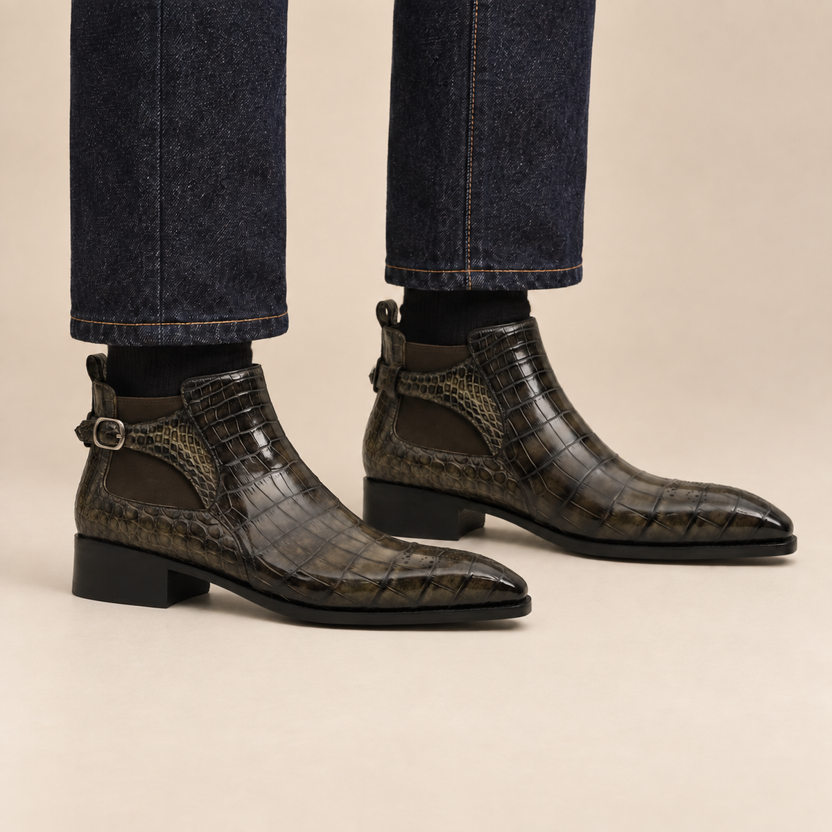 Dark Olive Green Crocodile Leather Chelsea Boots
