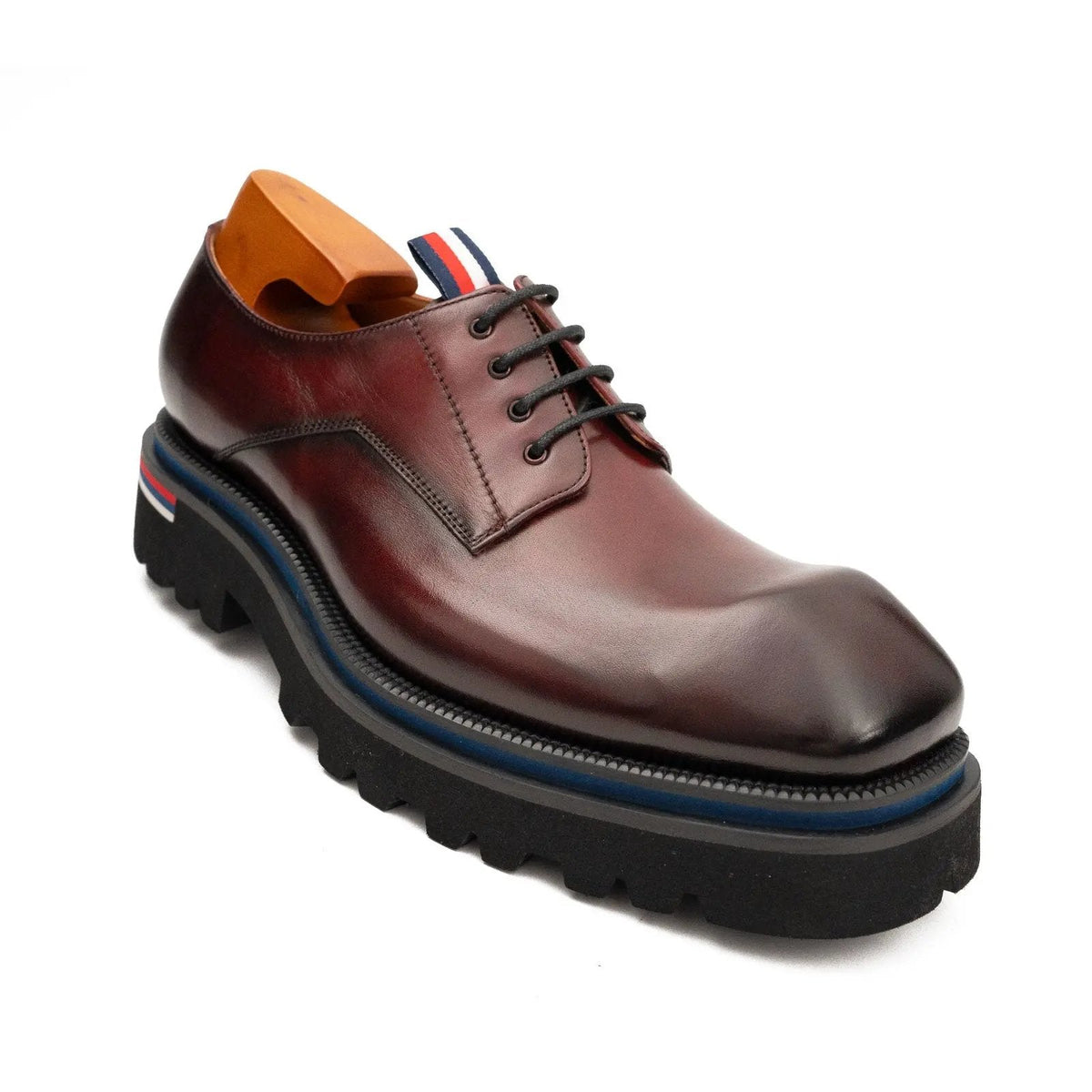 Wine Red Square-Toe Cow Leather Derby Shoes