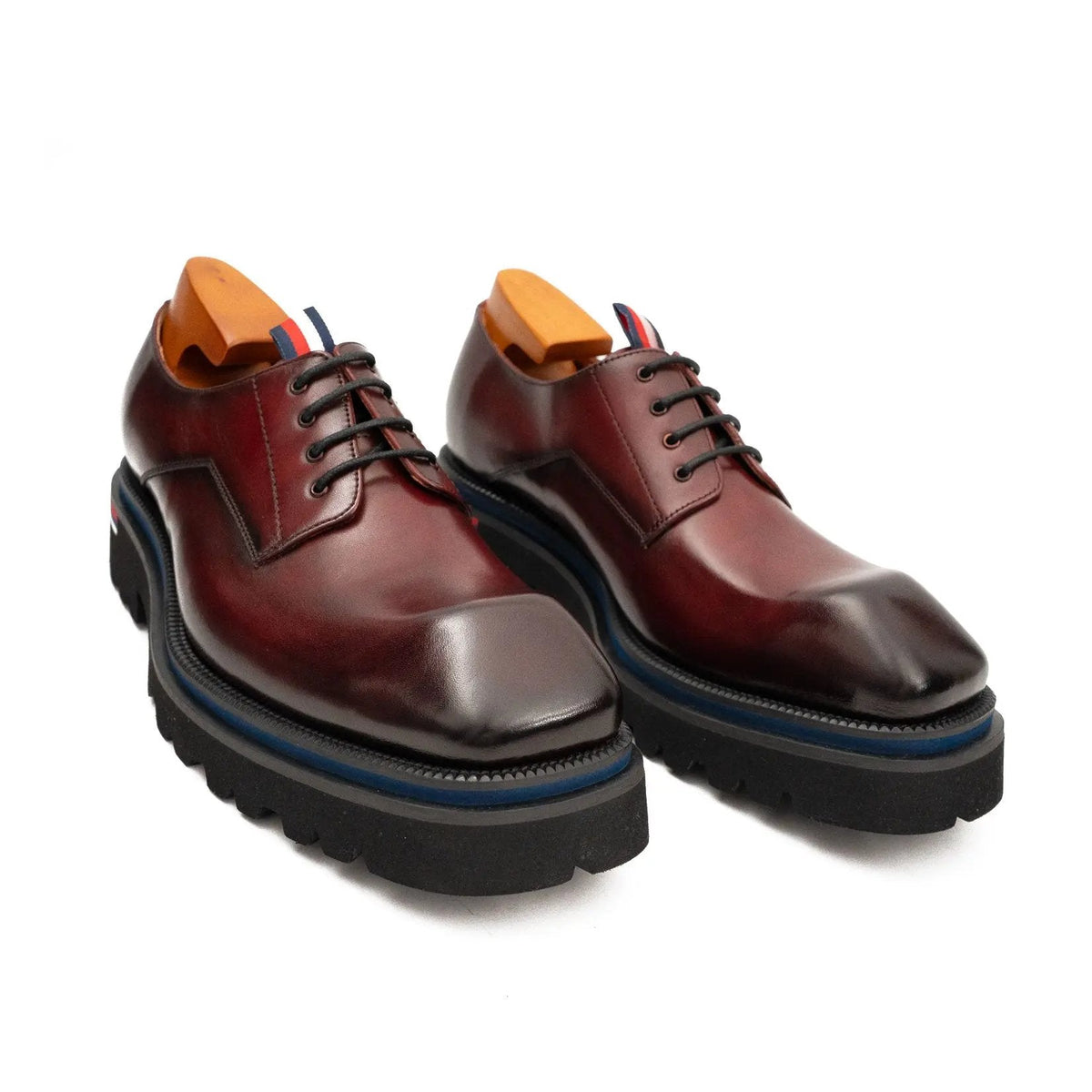 Wine Red Square-Toe Cow Leather Derby Shoes