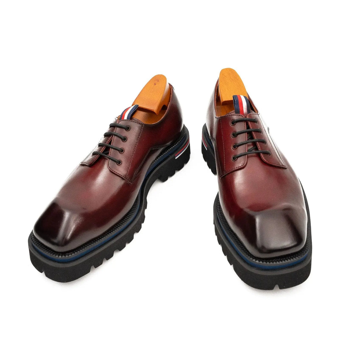 Wine Red Square-Toe Cow Leather Derby Shoes
