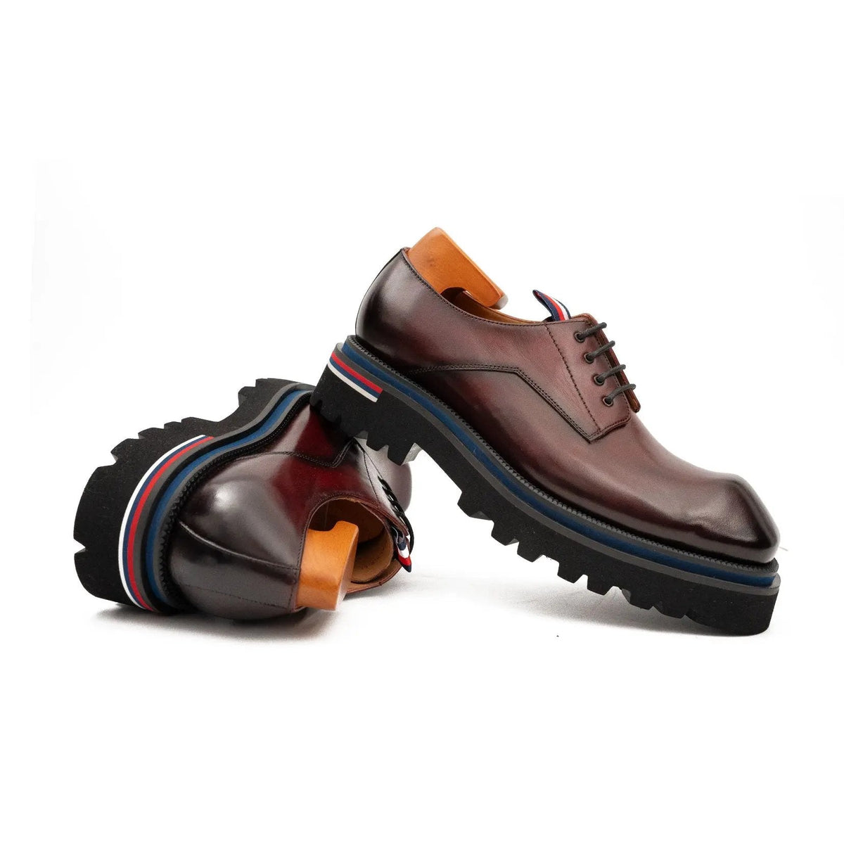 Wine Red Square-Toe Cow Leather Derby Shoes