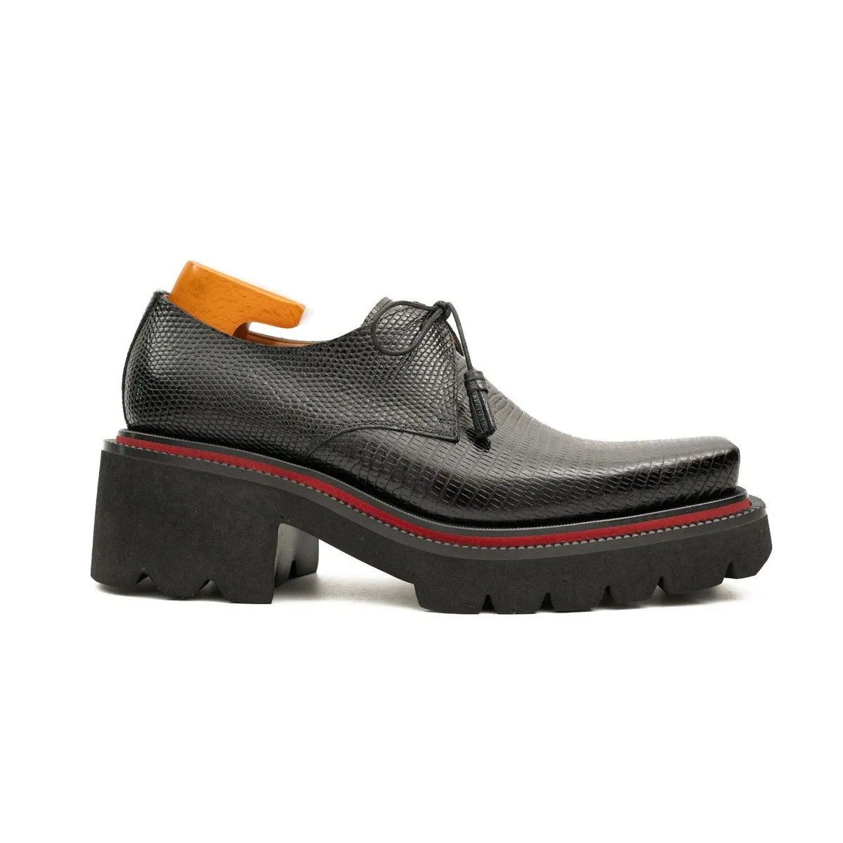 Black Lizard-Embossed Cow Leather Derby Shoes