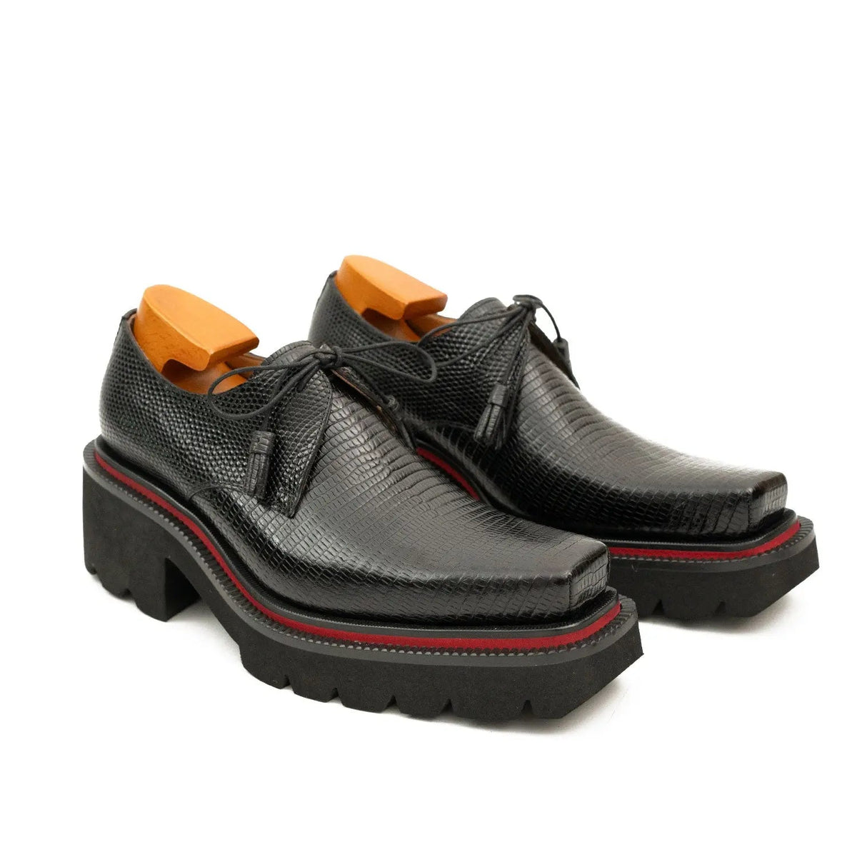 Black Lizard-Embossed Cow Leather Derby Shoes
