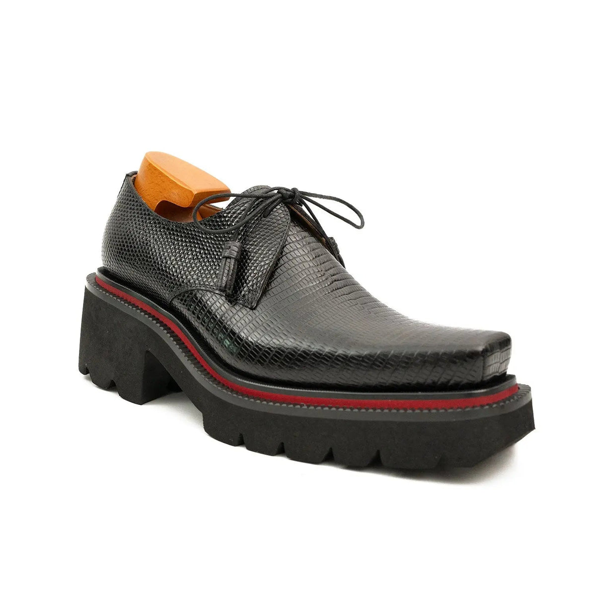 Black Lizard-Embossed Cow Leather Derby Shoes