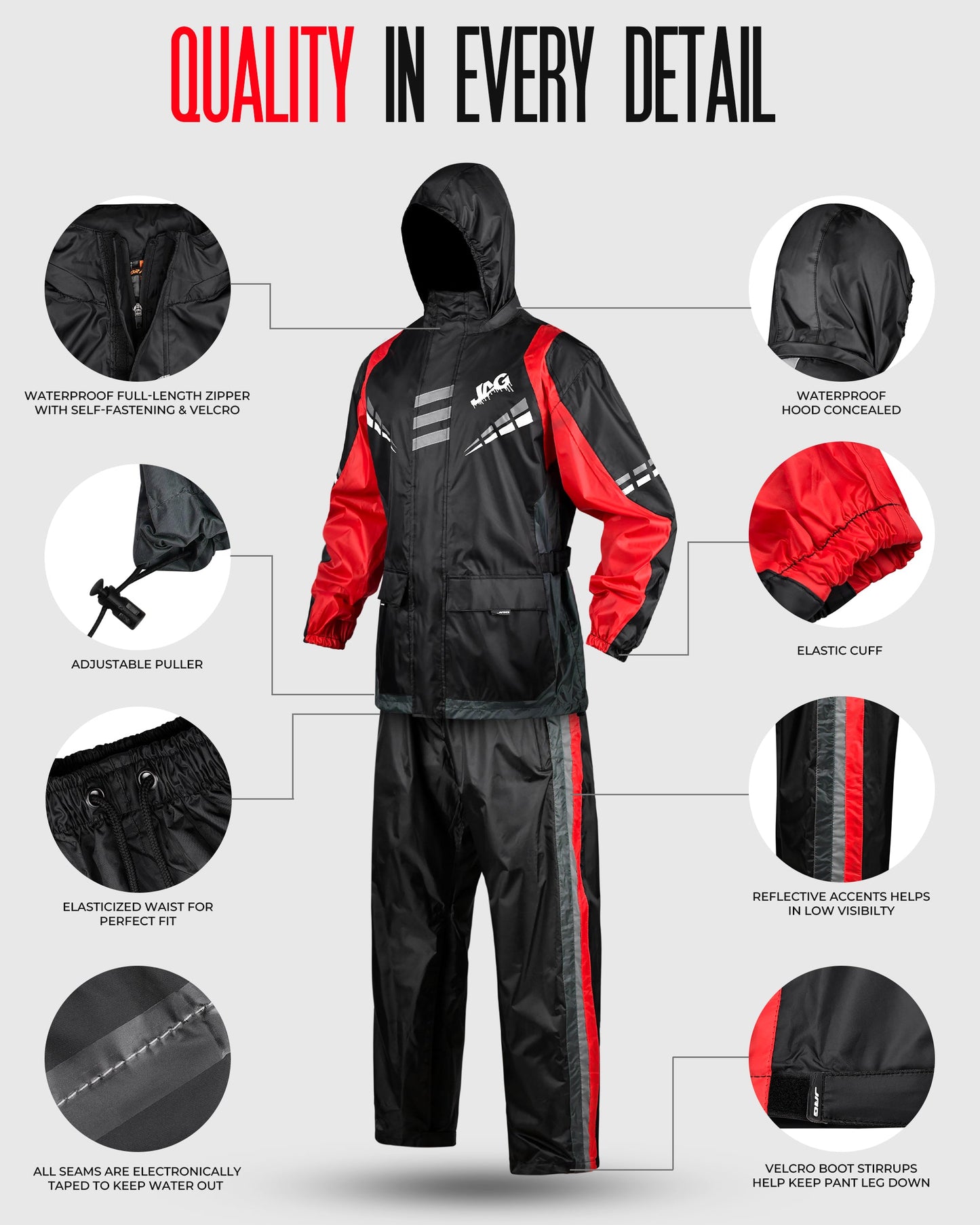 Traje de lluvia JAG Rainmaster para hombres y mujeres (Negro Rojo)
