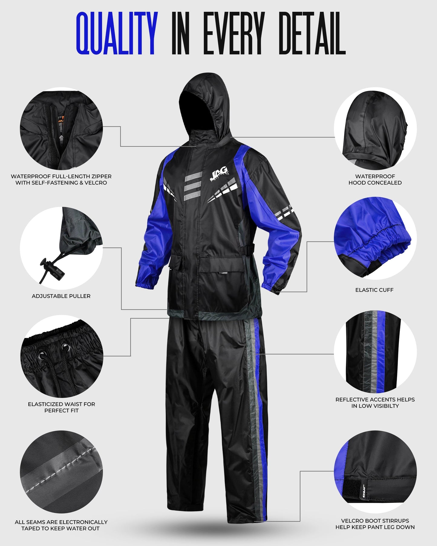 Traje de lluvia JAG Rainmaster para hombres y mujeres (negro/azul)