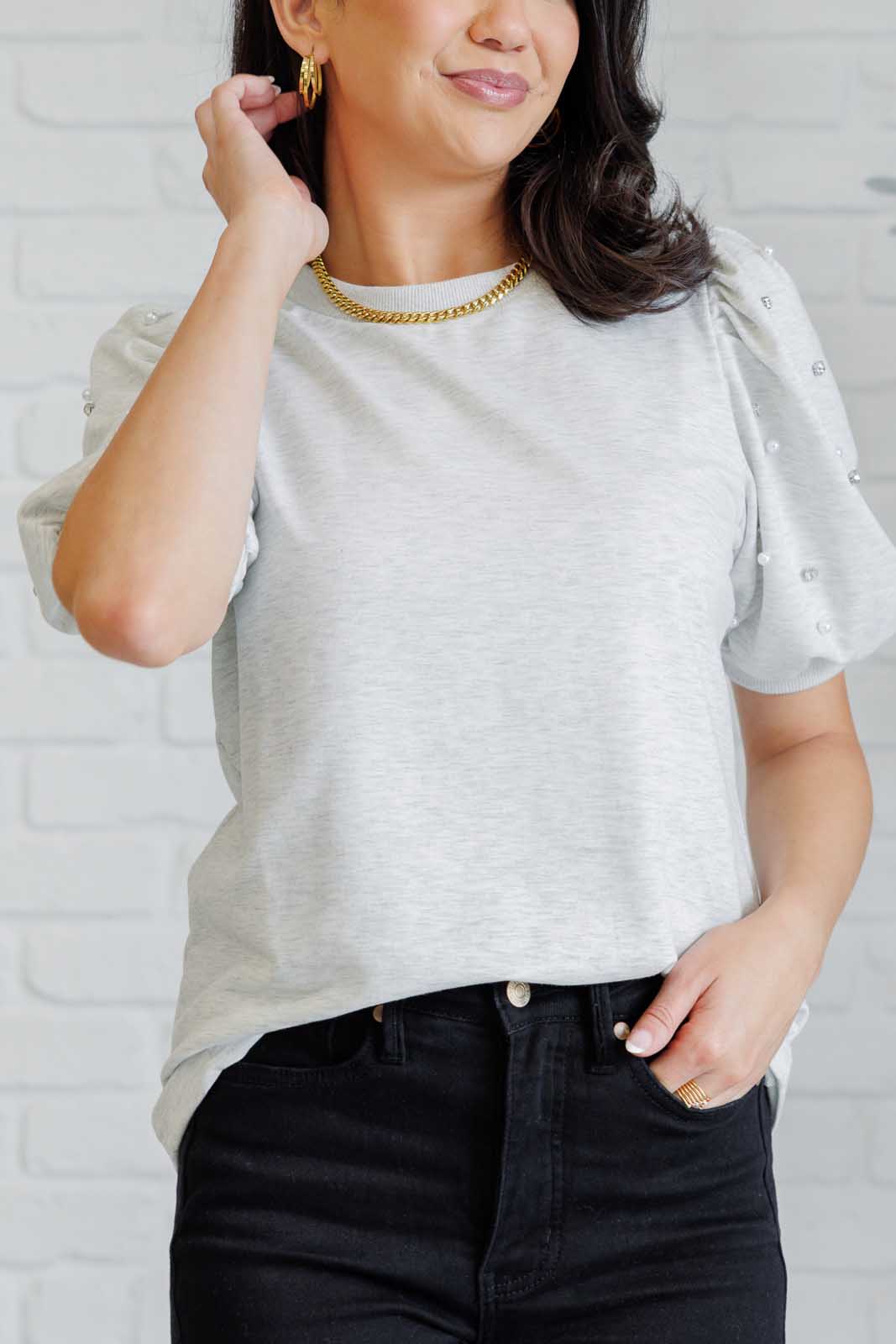Top de manga abullonada Diamonds and Pearls en gris claro