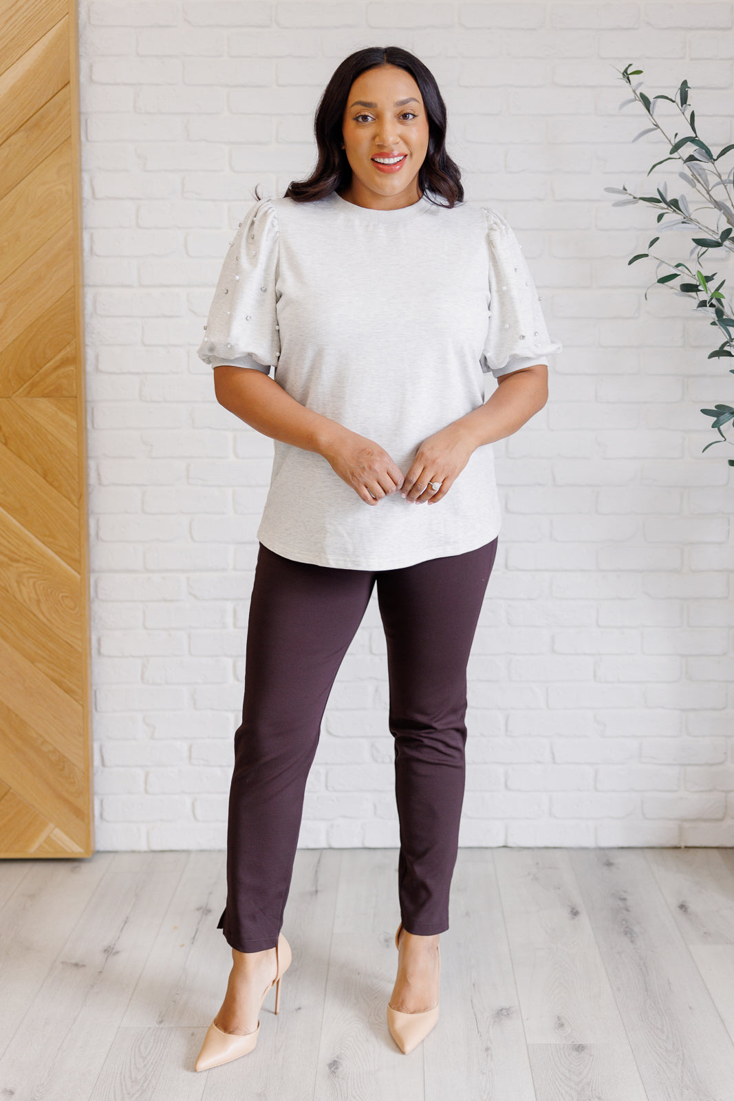 Top de manga abullonada Diamonds and Pearls en gris claro