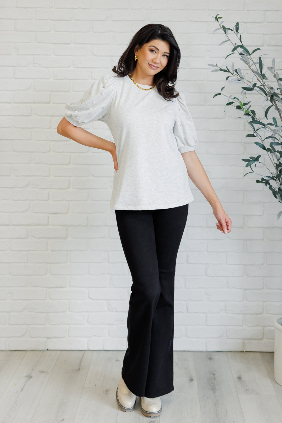 Top de manga abullonada Diamonds and Pearls en gris claro