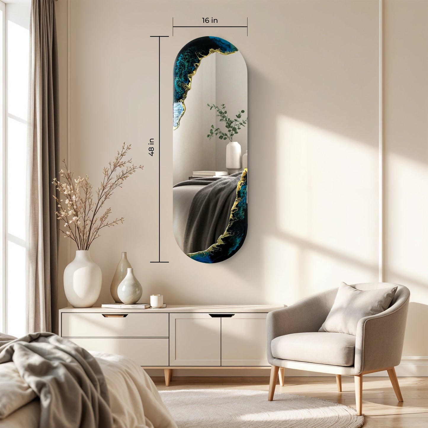Hand Sculptured Sculptural Wall Mirror - Tatiana Glen - Tidal Horizon - 48H x 16W Inches
