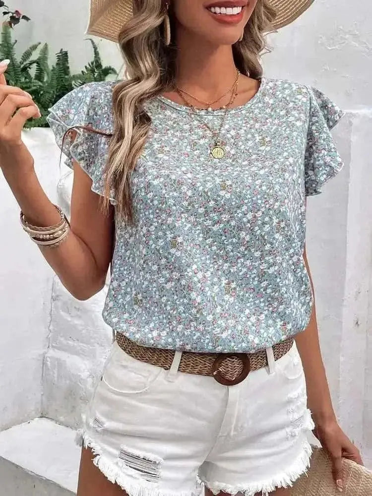 Trendsi Ditsy Floral Cap Sleeve Top — Spring Casual Wear