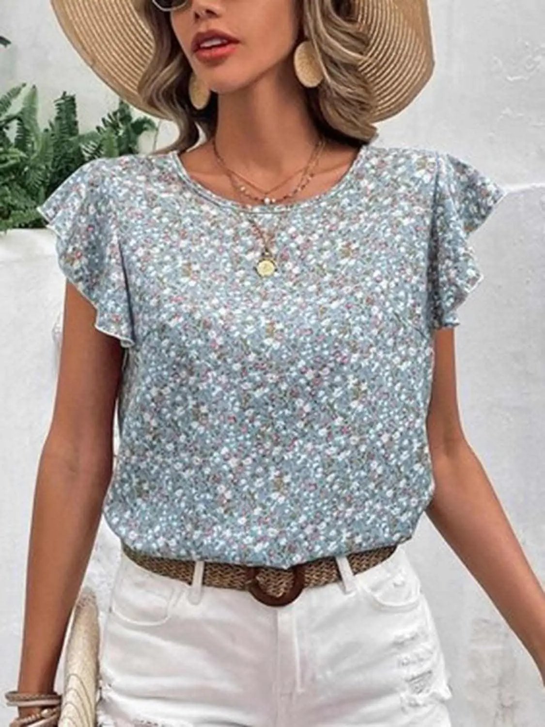 Trendsi Ditsy Floral Cap Sleeve Top — Spring Casual Wear