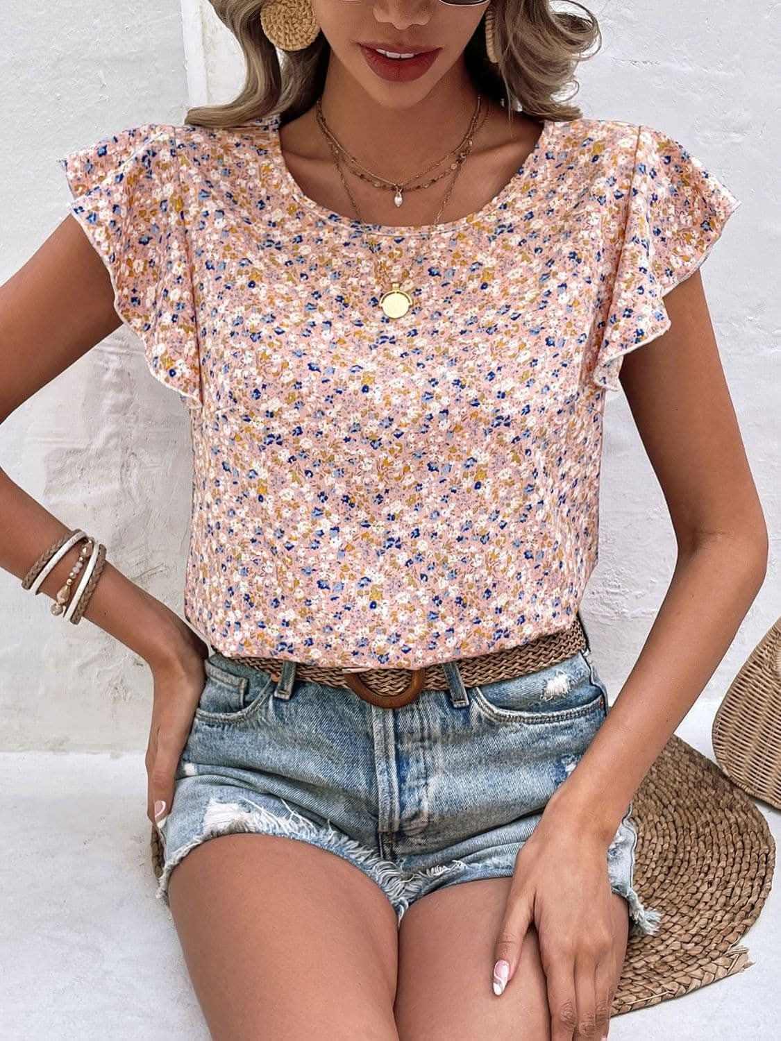 Trendsi Ditsy Floral Cap Sleeve Top — Spring Casual Wear