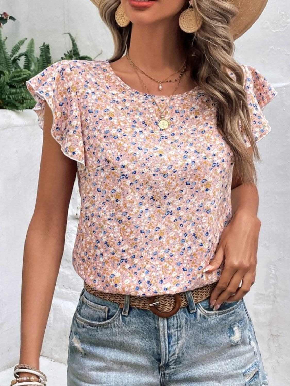 Trendsi Ditsy Floral Cap Sleeve Top — Spring Casual Wear