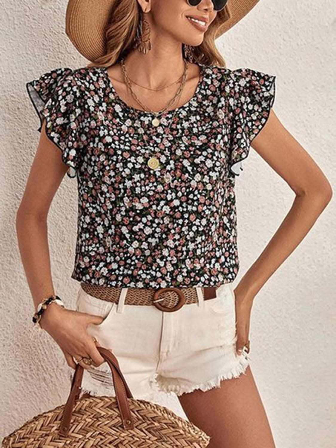 Trendsi Ditsy Floral Cap Sleeve Top — Spring Casual Wear