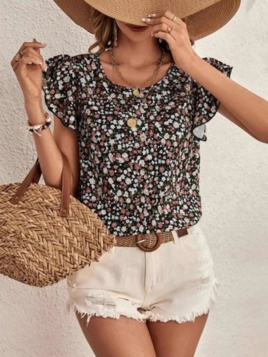 Trendsi Ditsy Floral Cap Sleeve Top — Spring Casual Wear