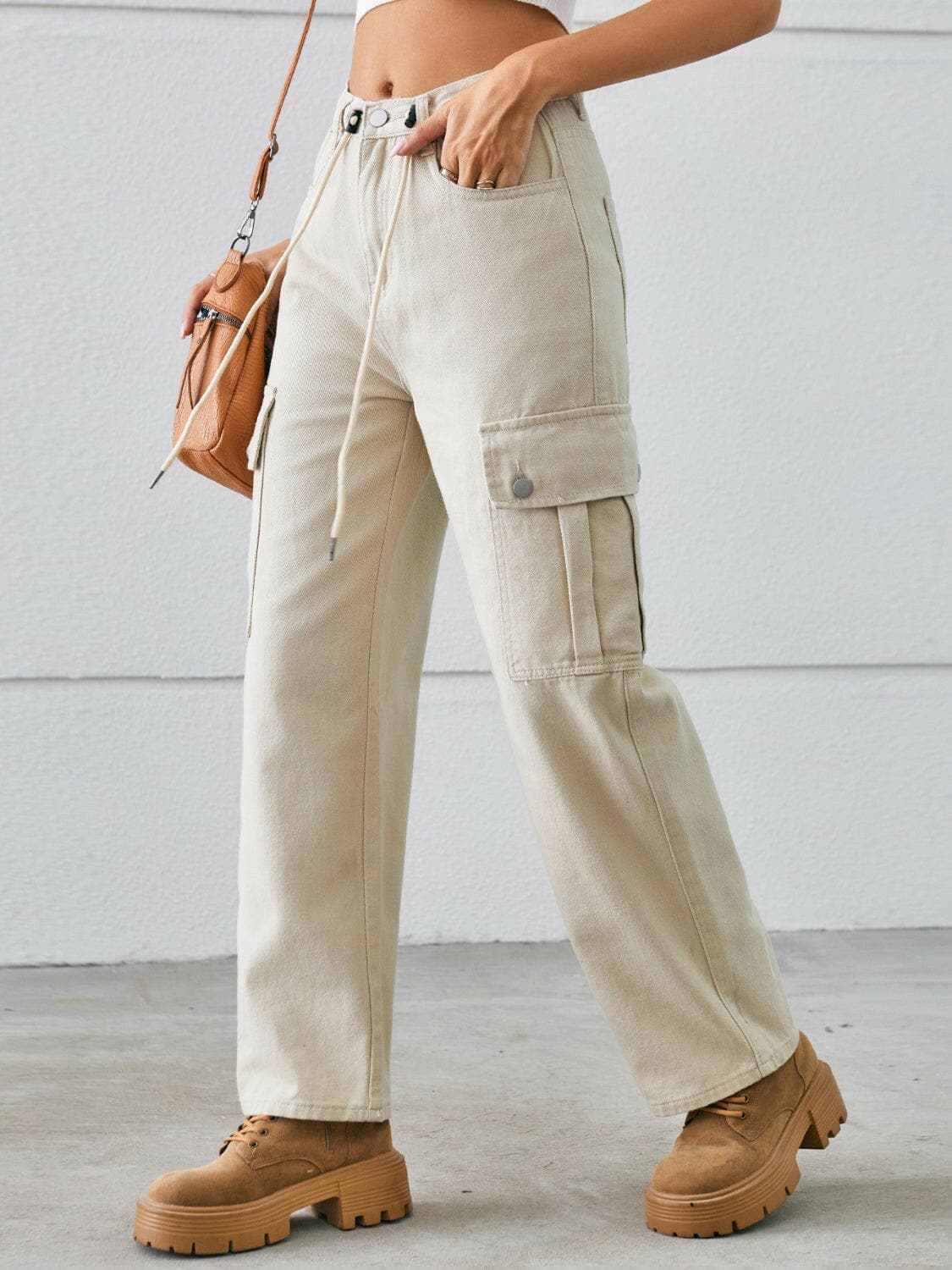 Trendsi Drawstring Cargo Jeans Women's Casual Mid-Rise Denim Pants - Premium Fit