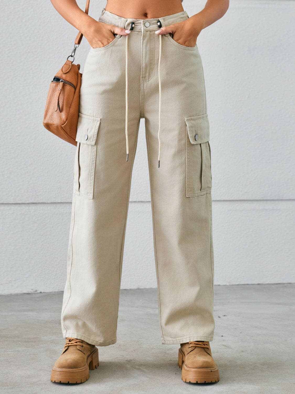 Trendsi Drawstring Cargo Jeans Women's Casual Mid-Rise Denim Pants - Premium Fit