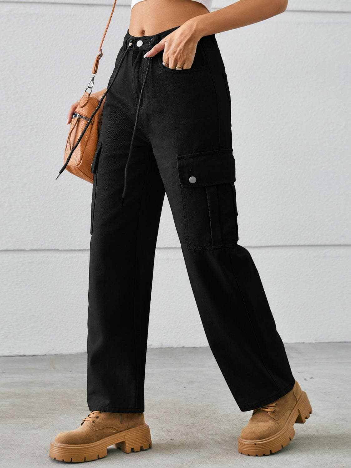 Trendsi Drawstring Cargo Jeans Women's Casual Mid-Rise Denim Pants - Premium Fit