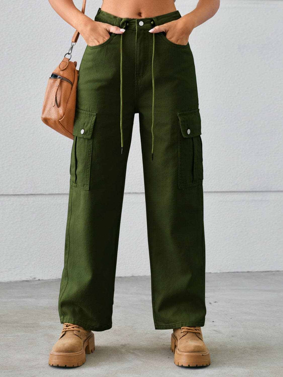 Trendsi Drawstring Cargo Jeans Women's Casual Mid-Rise Denim Pants - Premium Fit