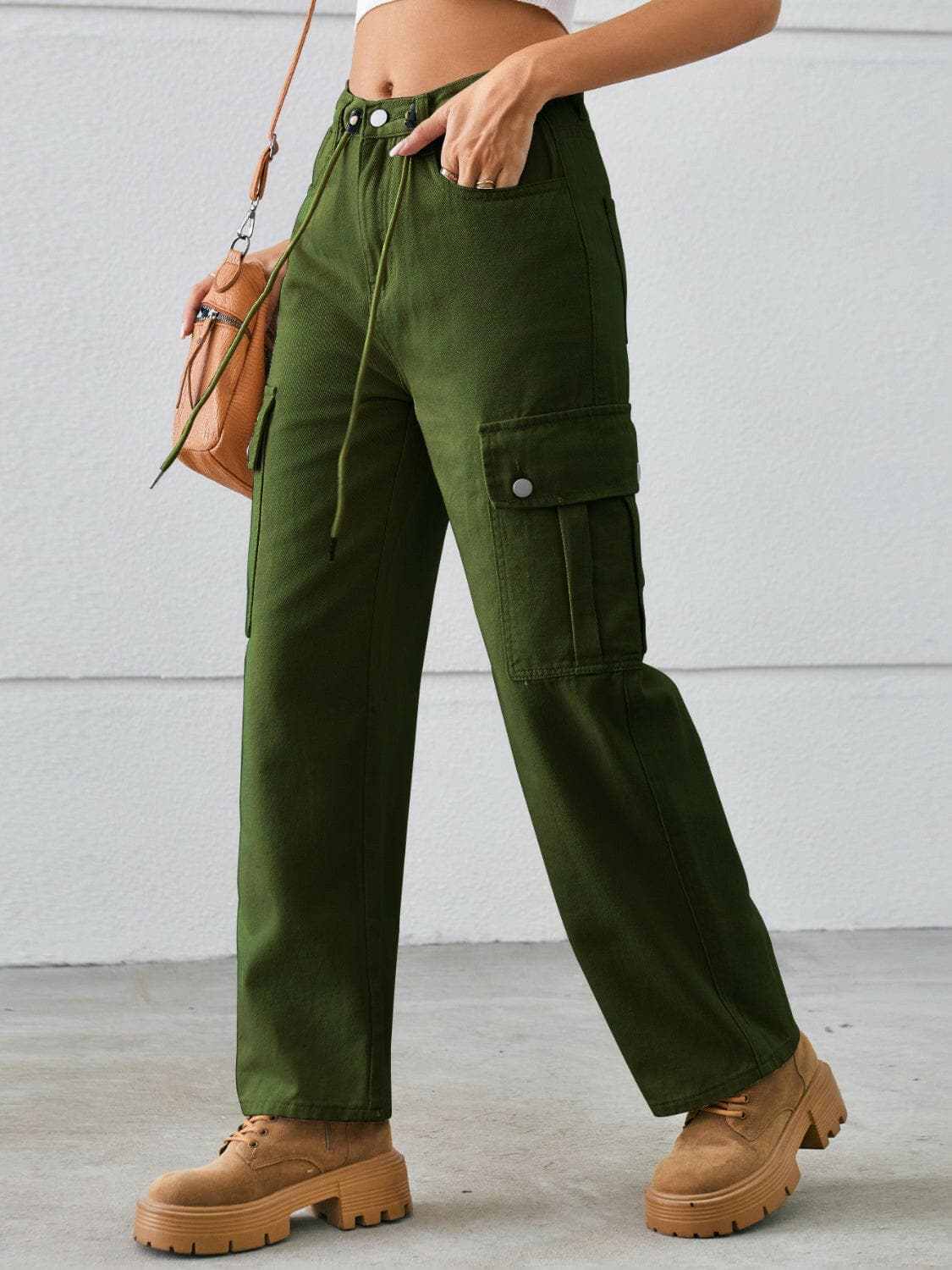 Trendsi Drawstring Cargo Jeans Women's Casual Mid-Rise Denim Pants - Premium Fit