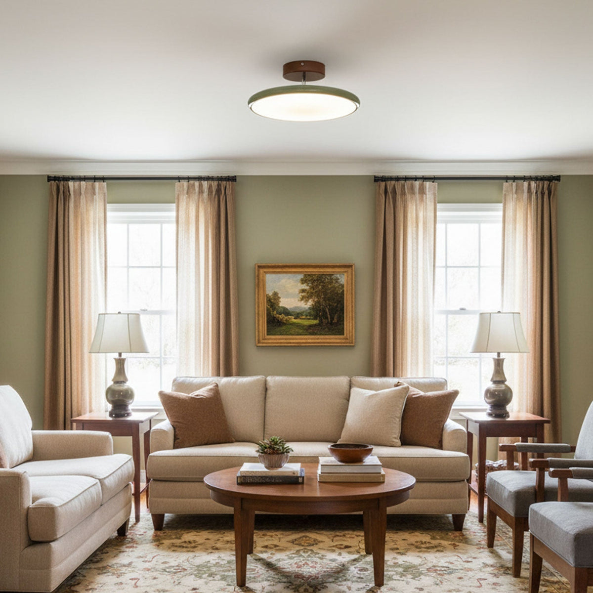 Orbitra | Flush Mount LED Ceiling Light with Swivel Arm, Dimmable Beige or Green Fixture