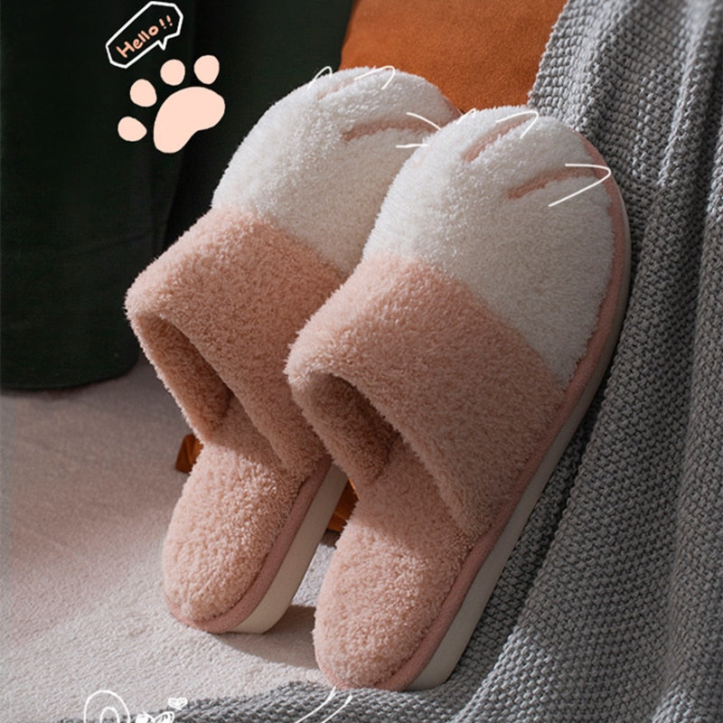 Zapatillas de invierno cálidas con piel para mujer, bonitas zapatillas de dormitorio con diseño de pata de gato, zapatos de felpa cálidos, antideslizantes para interior, zapatillas peludas para mujer