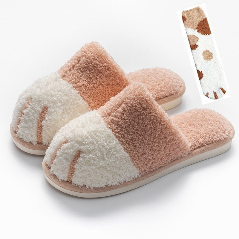Zapatillas de invierno cálidas con piel para mujer, bonitas zapatillas de dormitorio con diseño de pata de gato, zapatos de felpa cálidos, antideslizantes para interior, zapatillas peludas para mujer