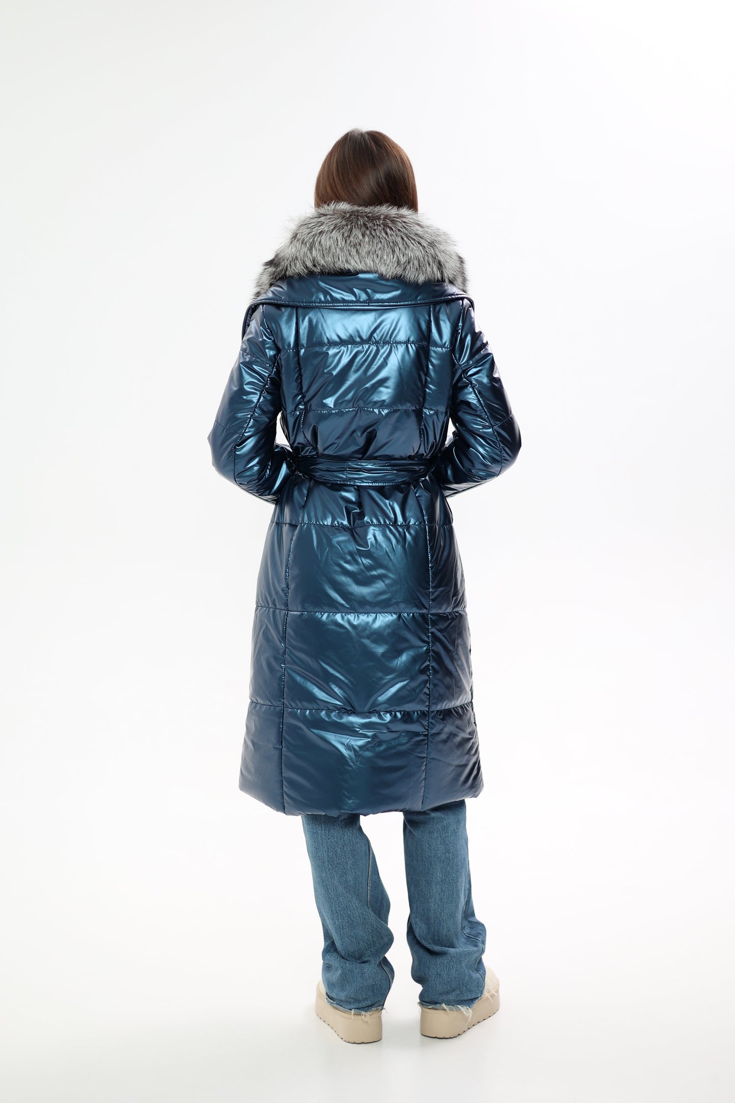 Abrigo de piel auténtica de zorro plateado con Comfortemp® de Freudenberg