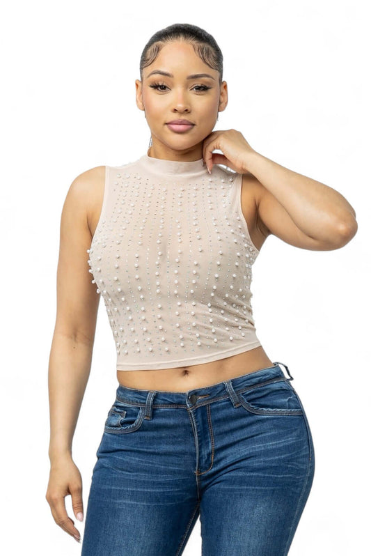 Top de Malla Transparente con Perlas y Tachuelas