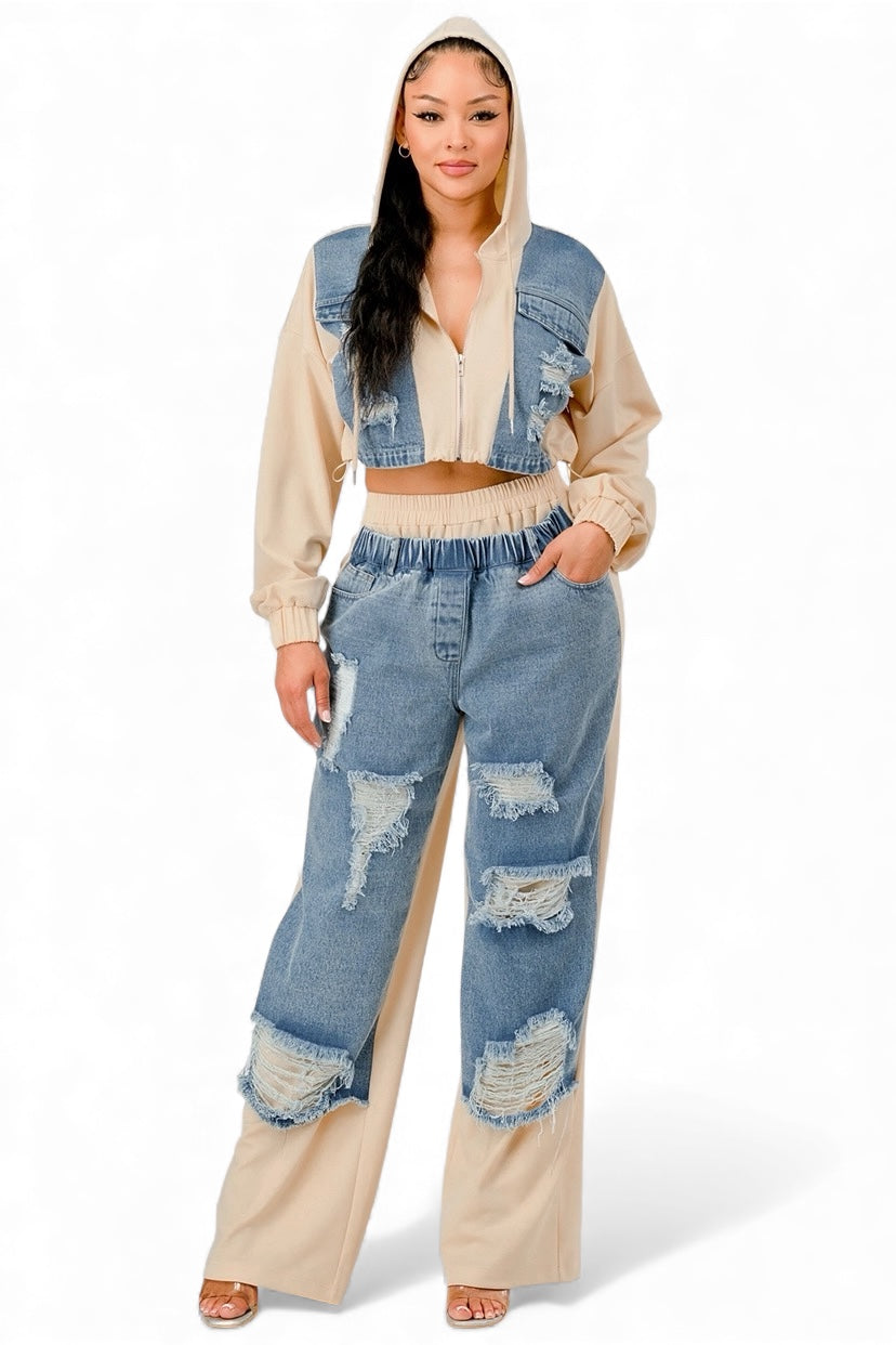 Conjunto de Sudadera con Capucha y Pantalones Anchos de Mezclilla con Retazos