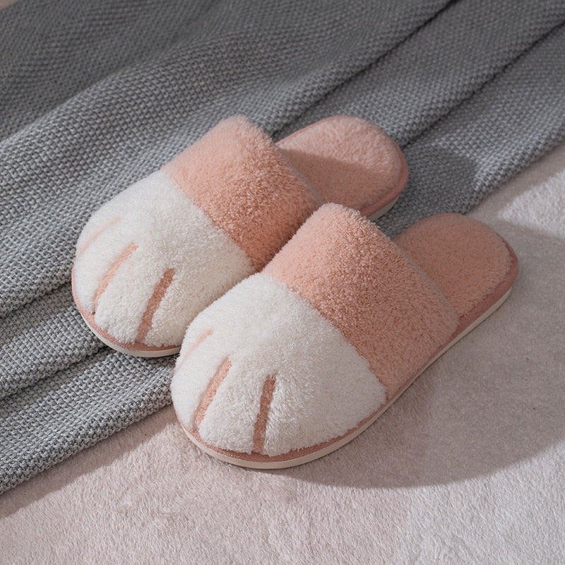 Zapatillas de invierno cálidas con piel para mujer, bonitas zapatillas de dormitorio con diseño de pata de gato, zapatos de felpa cálidos, antideslizantes para interior, zapatillas peludas para mujer