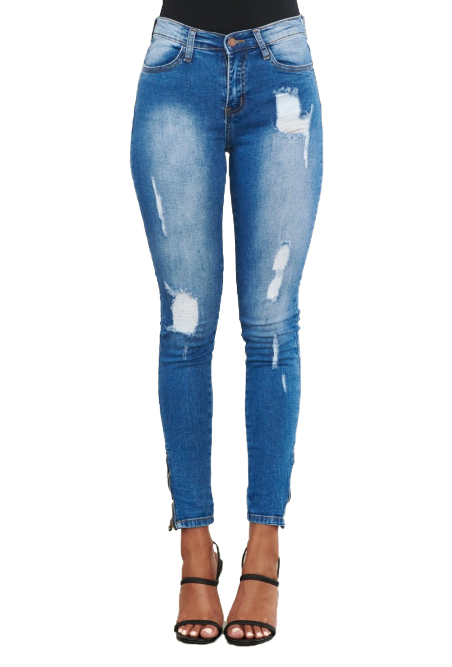 {E750} Jeans pitillo desgastados con cremallera en el tobillo