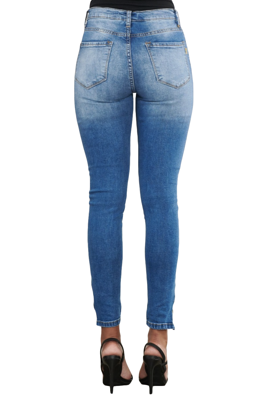 {E750} Jeans pitillo desgastados con cremallera en el tobillo