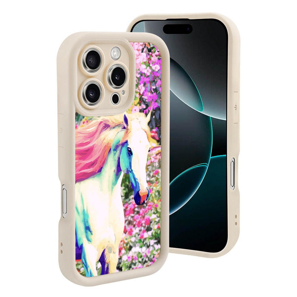 White Horse with Floral Background iPhone 16pro Mobile Phone Case