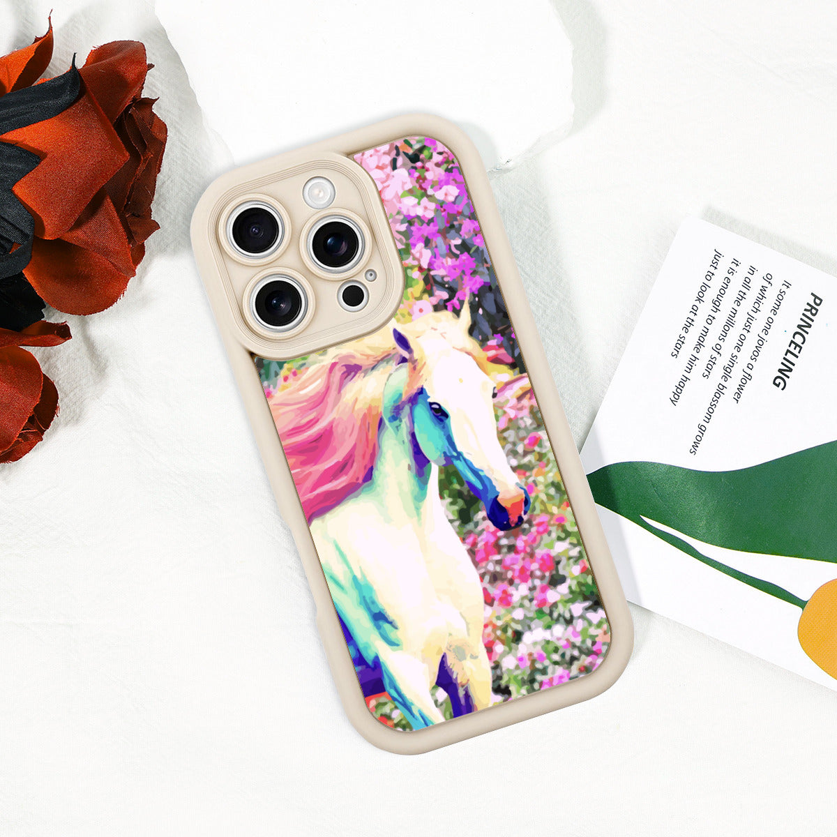 White Horse with Floral Background iPhone 16pro Mobile Phone Case