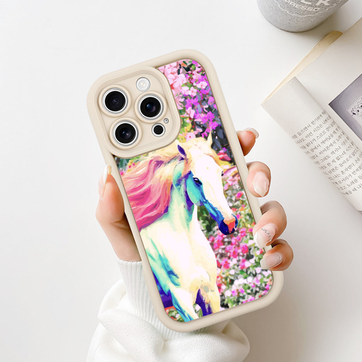 White Horse with Floral Background iPhone 16pro Mobile Phone Case