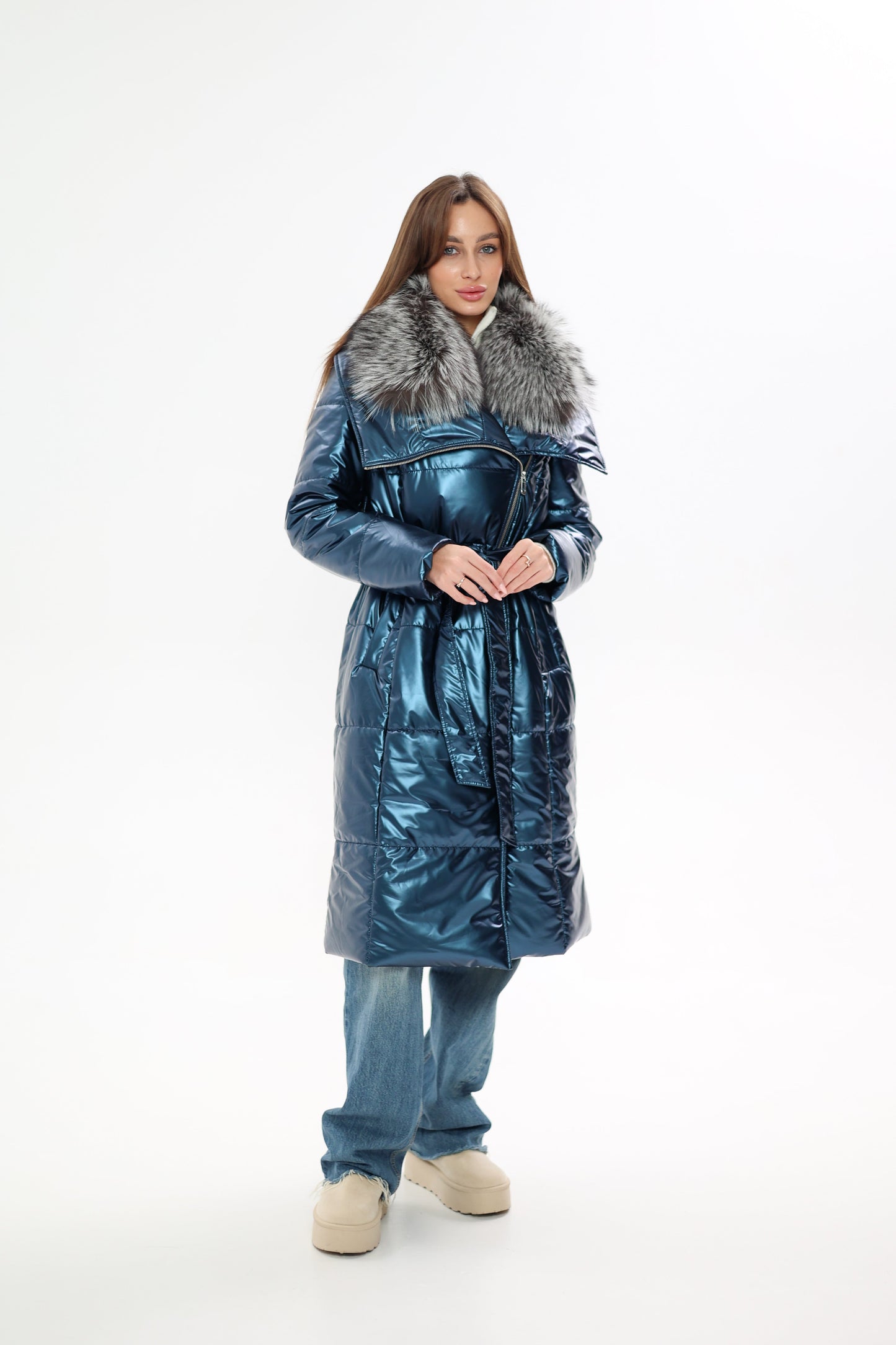 Abrigo de piel auténtica de zorro plateado con Comfortemp® de Freudenberg