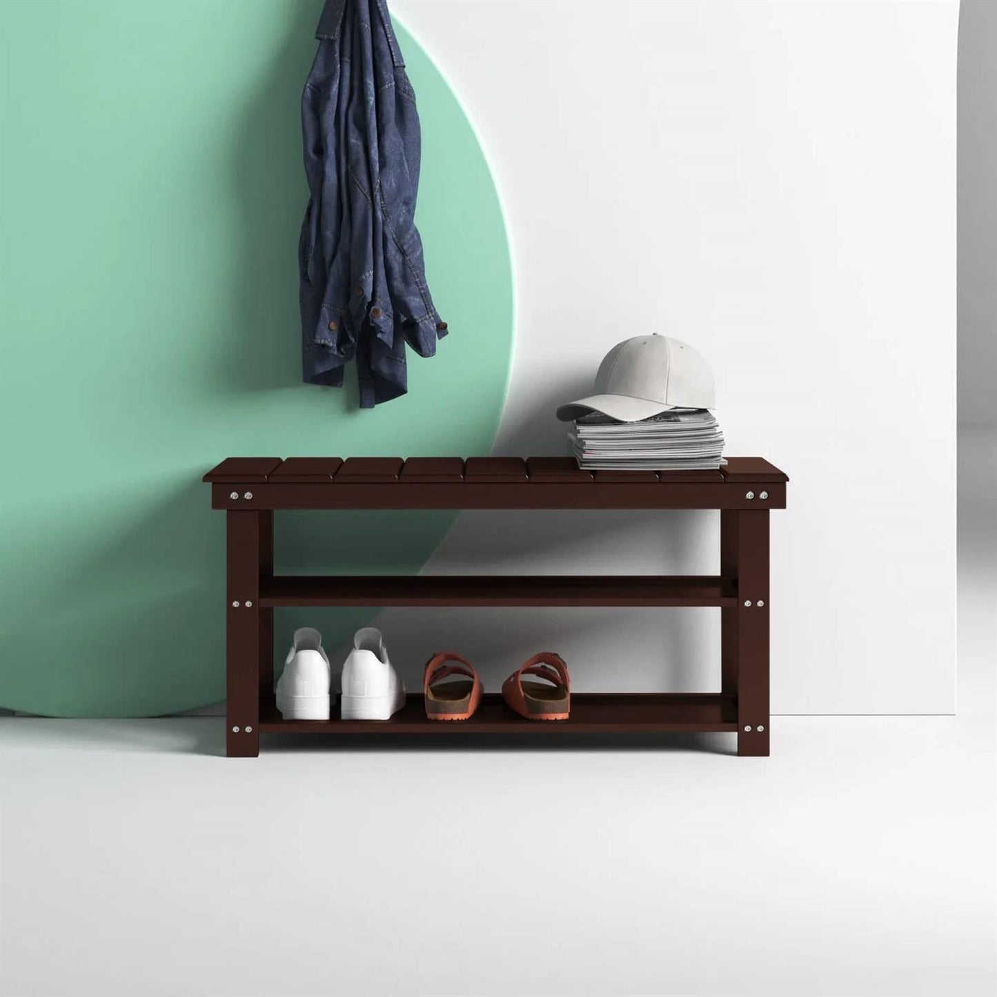 Banco de almacenamiento para zapatos de madera marrón espresso con 2 estantes para entrada o armario