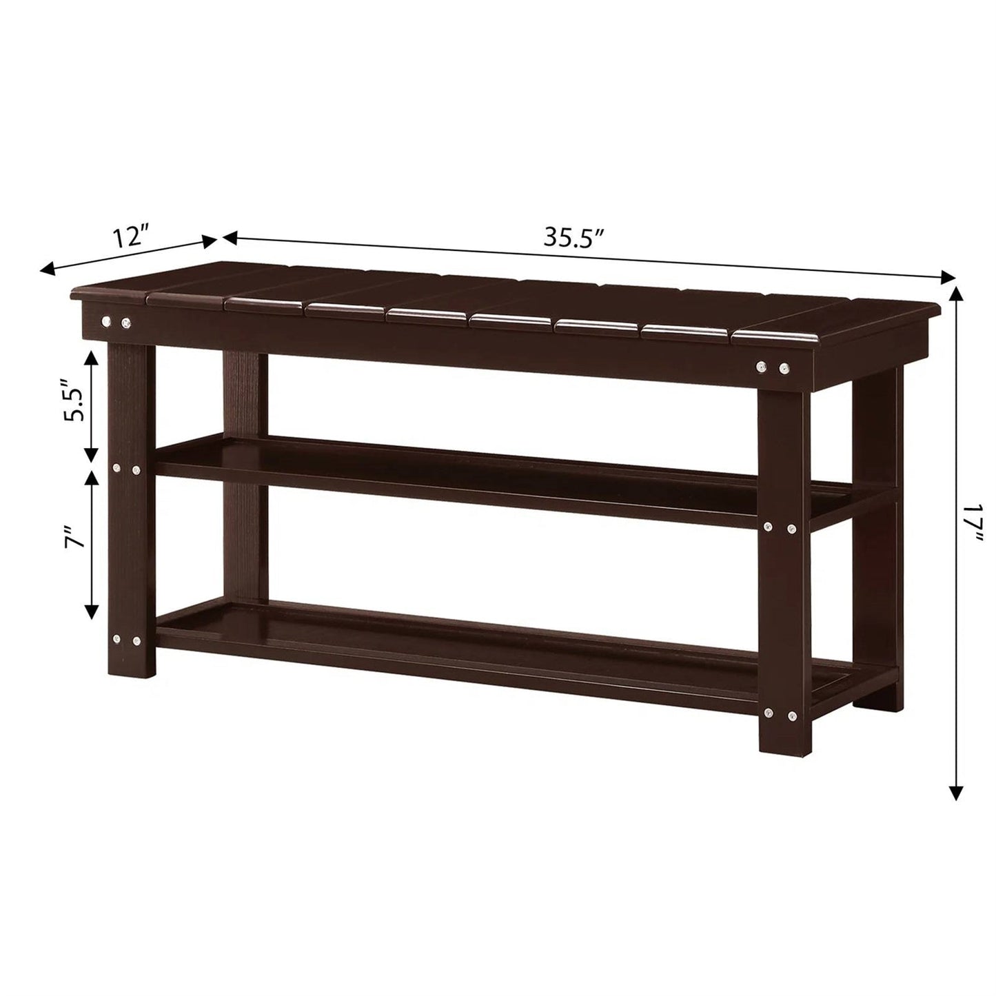 Banco de almacenamiento para zapatos de madera marrón espresso con 2 estantes para entrada o armario
