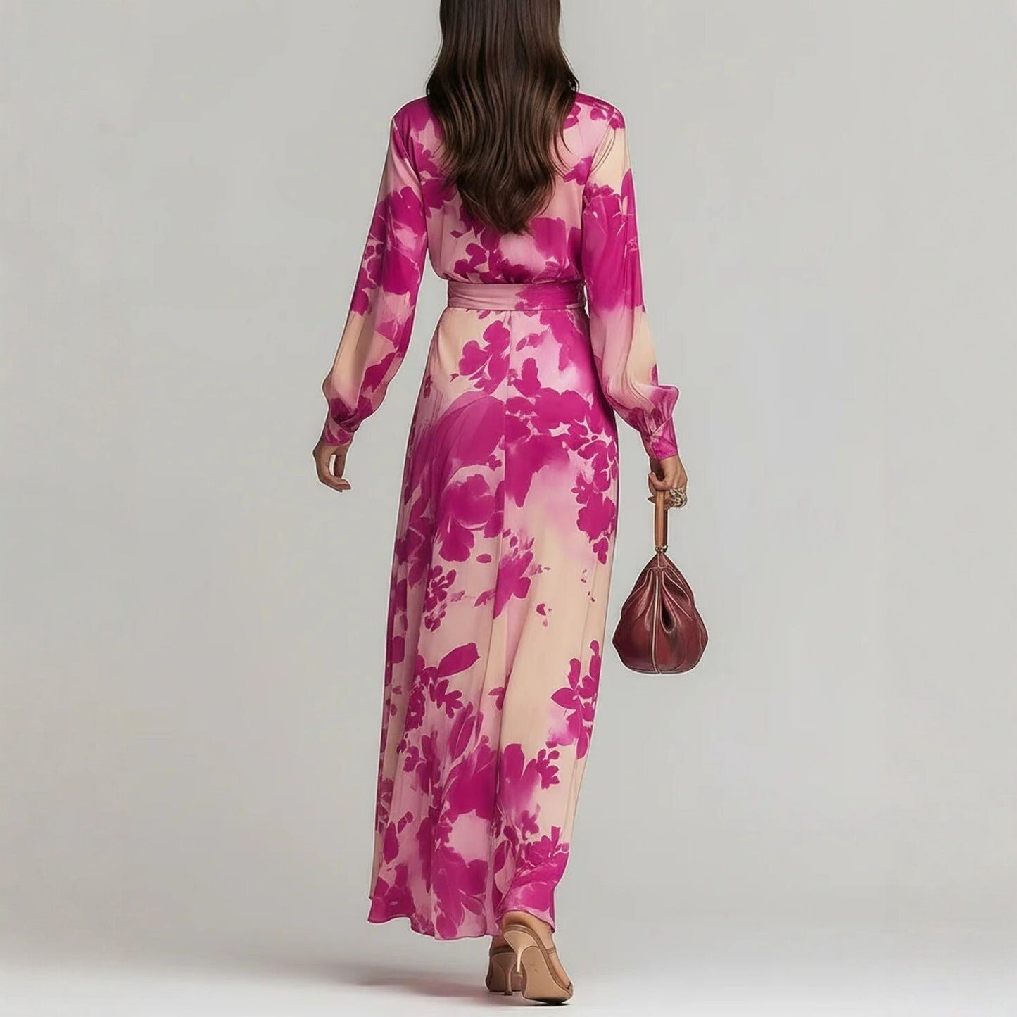 Women's Printed Chiffon Long Sleeve V-Neck Tie-Up Maxi Dress — Floral Fairy Dress