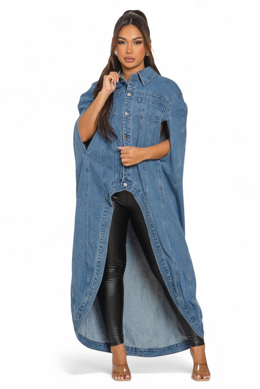 Chaqueta Larga Tipo Poncho Asimétrico de Mezclilla