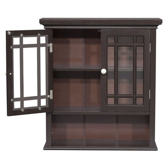 Armario de pared para baño de 2 puertas con estante abierto, color espresso oscuro