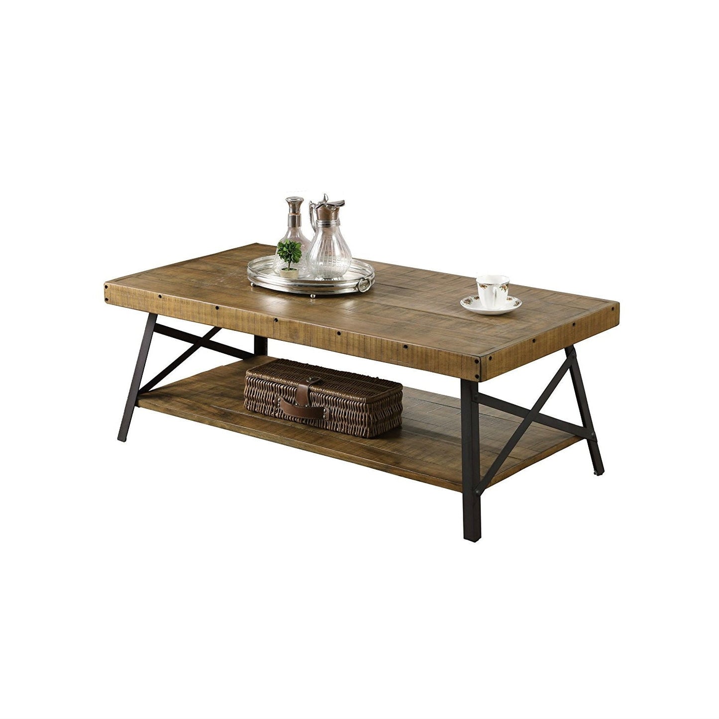 Mesa de centro de madera maciza estilo industrial moderno con patas de acero