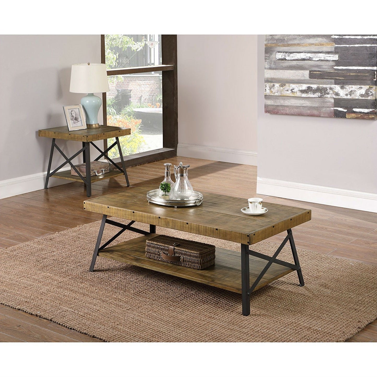 Mesa de centro de madera maciza estilo industrial moderno con patas de acero