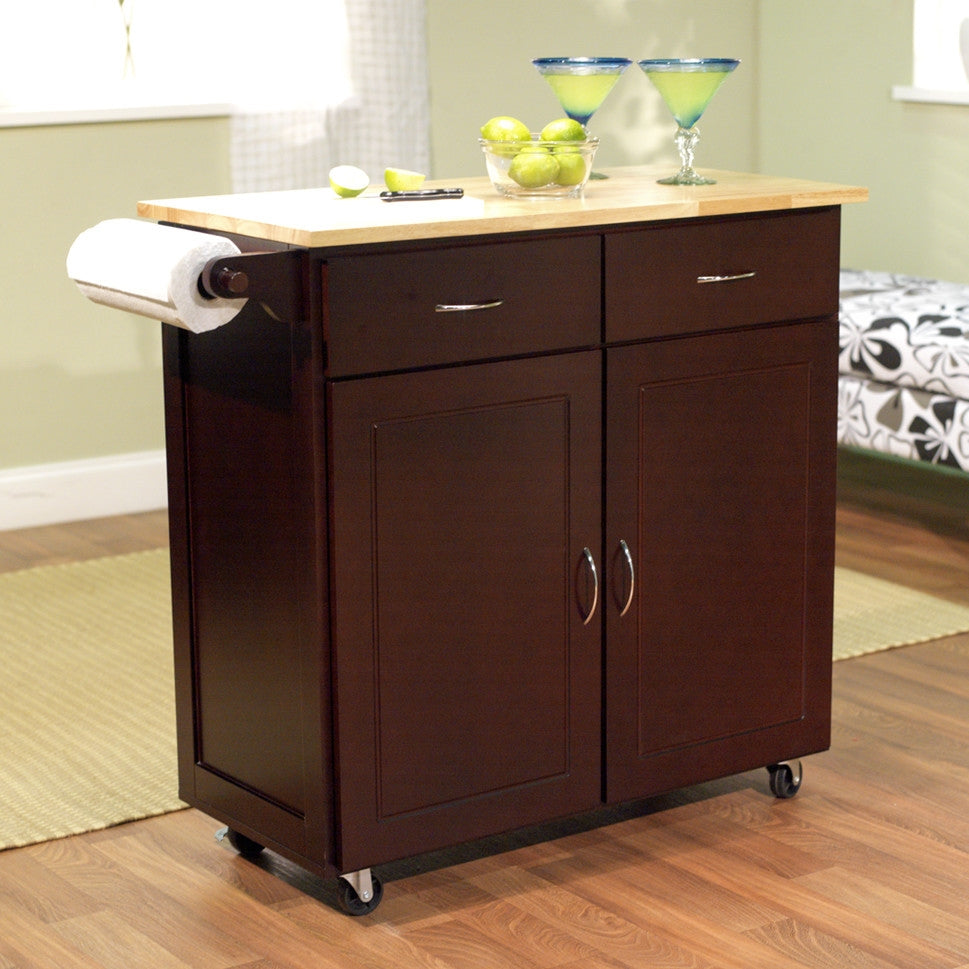 Carrito de isla de cocina portátil de 43 pulgadas de ancho con encimera de madera natural en espresso