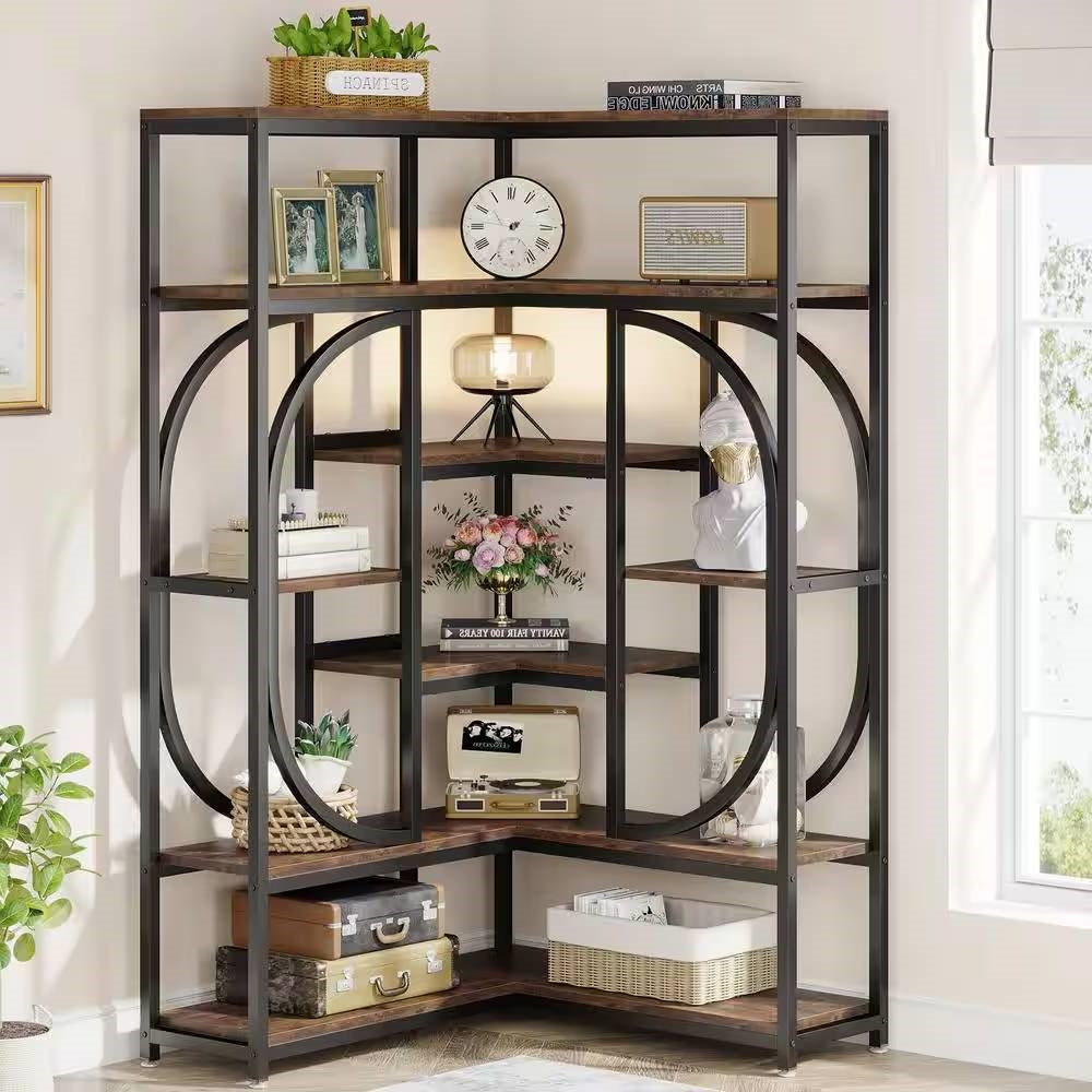 Estantería esquinera industrial moderna de metal y madera de 67 pulgadas de altura