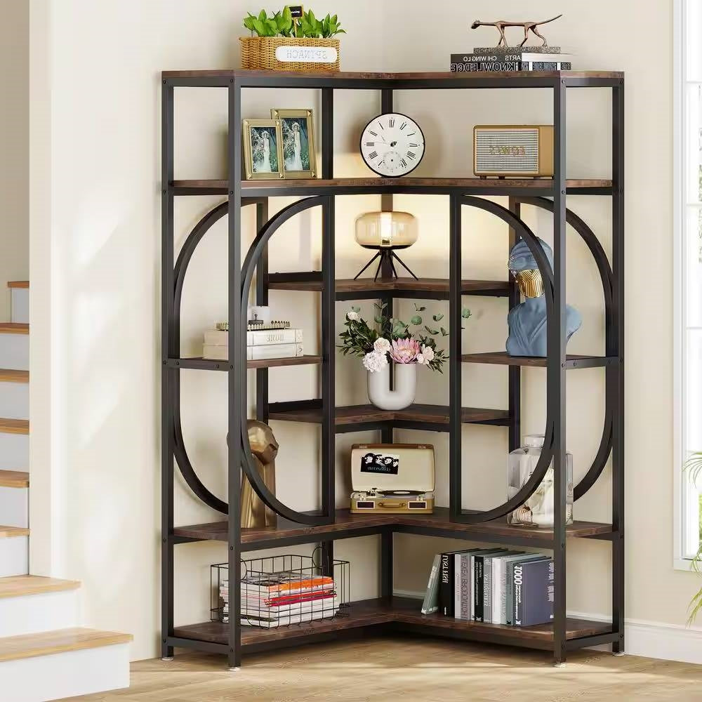 Estantería esquinera industrial moderna de metal y madera de 67 pulgadas de altura